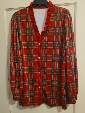 Holiday Blouse Red Green Plaid Ruffle Neck Velvet Long Sleeve Button Up Size 3X